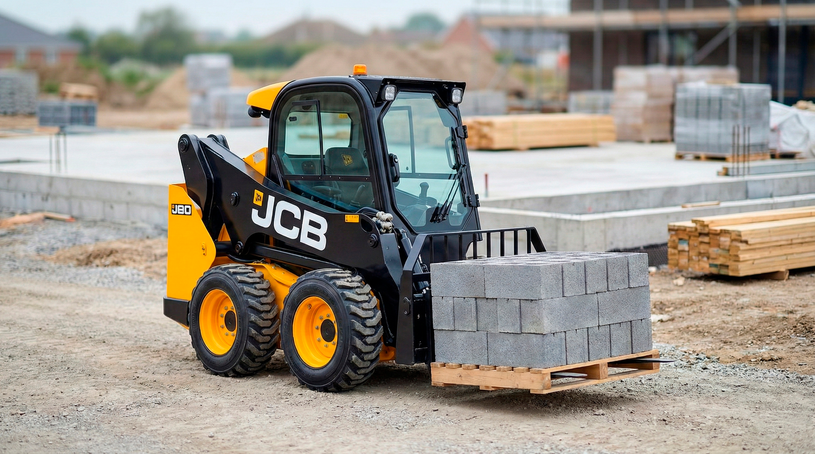 Minicarregadeira com garfo carregando bloco