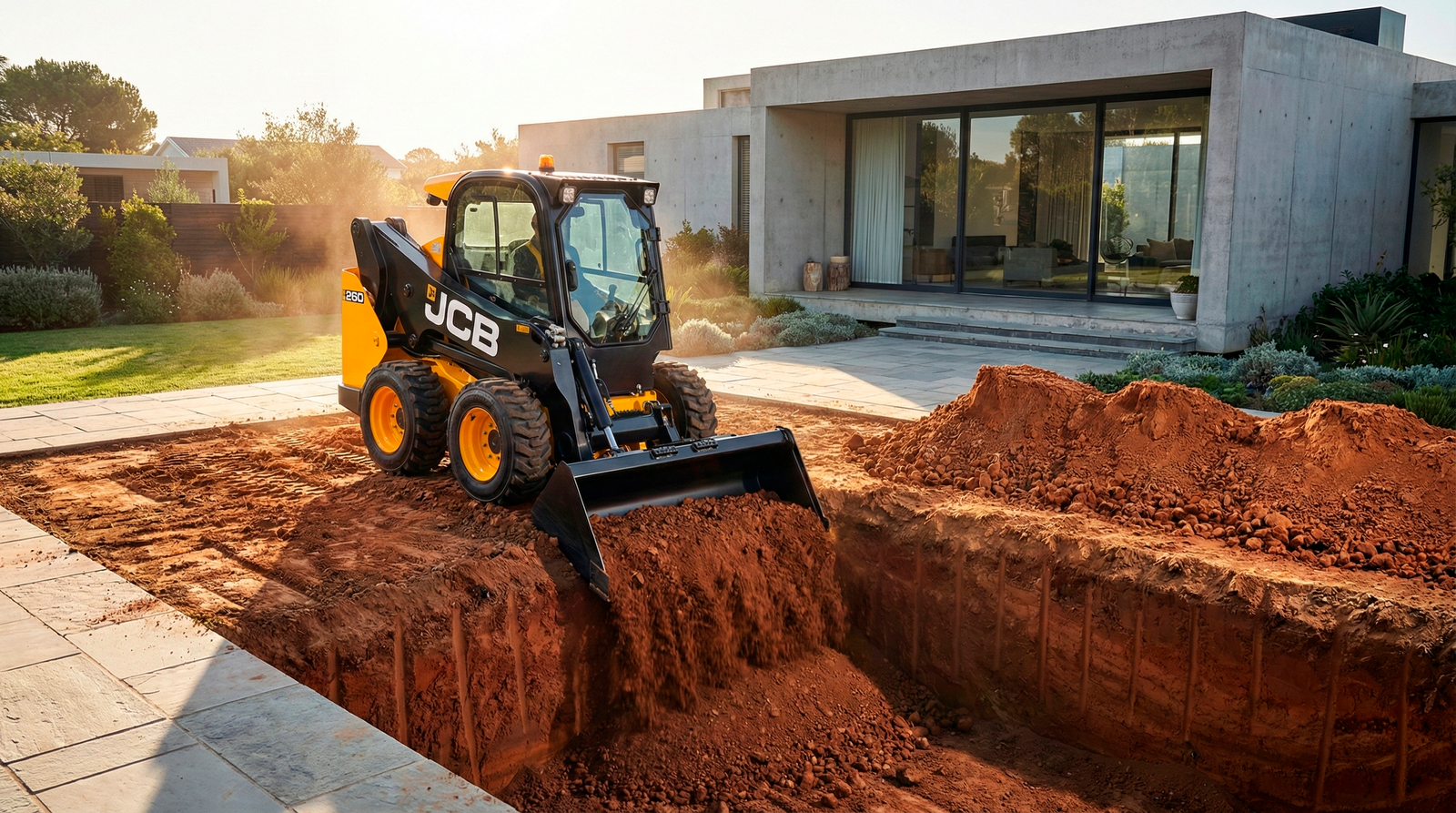 Minicarregadeira jogando terra